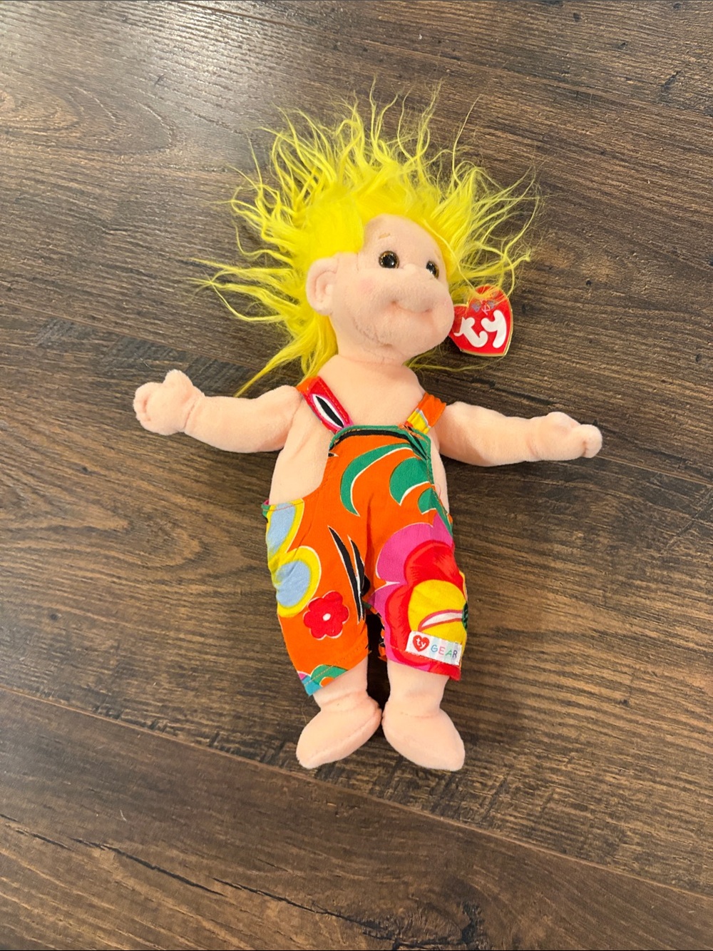 TY Yellow-Haired Troll in Bright Orange Floral Overalls
